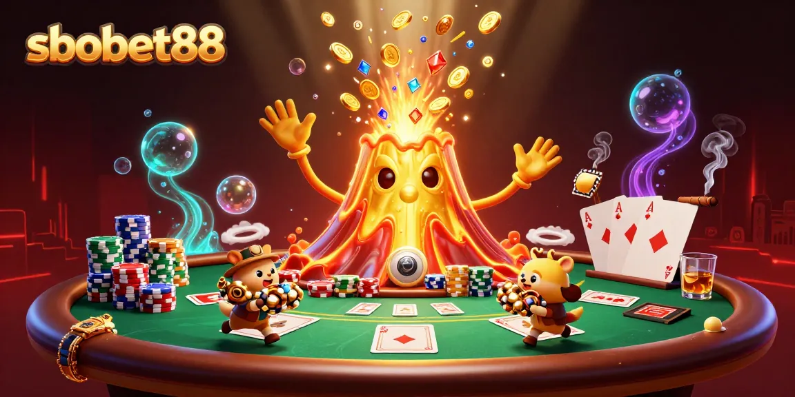 sbobet88 showcases an erupting golden volcano amidst poker excitement with coins and treasure.