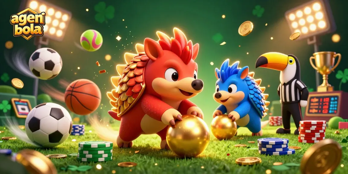 Engage in thrilling sports betting at agen judi bola with rival pangolins amidst vibrant casino visuals.