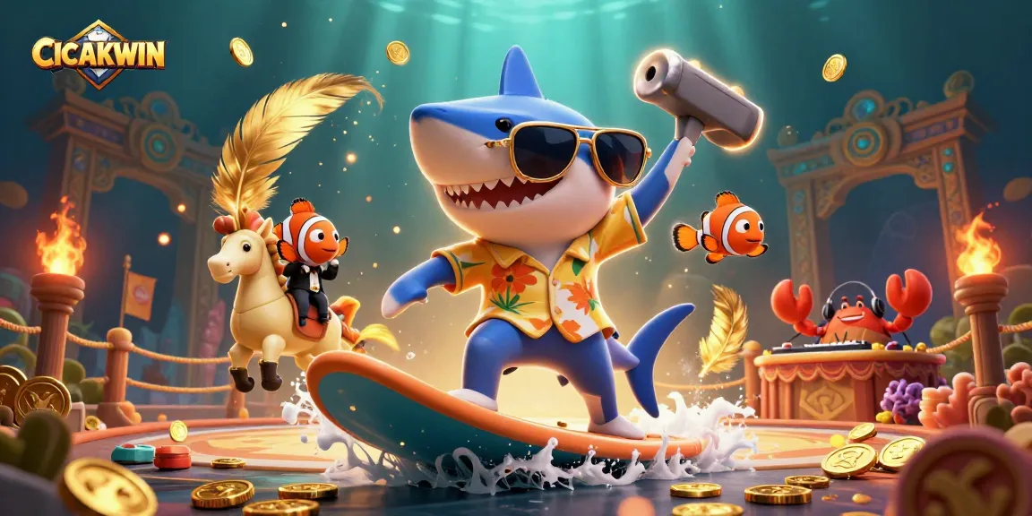 CICAKWIN's vibrant underwater casino scene with a shark, clownfish, and crab DJ amidst gold coins and dynamic gaming elements.