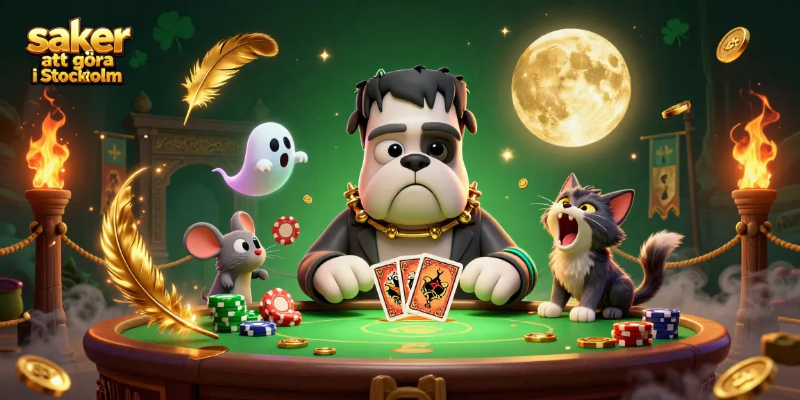 Engage in saker att göra i Stockholm with a vibrant 3D casino scene featuring cartoon monsters dealing cards.
