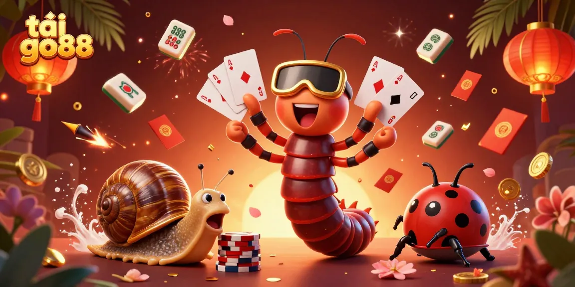 Engage with the vibrant scene of tải go88 featuring a millipede dealer, a high-roller snail, and festive gaming elements.