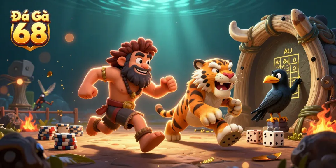 Watch Đá Gà 68 as the caveman and sabertooth tiger bring excitement to the betting arena.