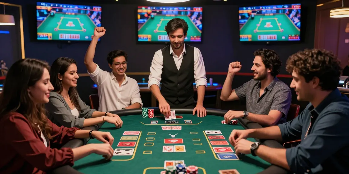 Exciting Andar Bahar game scene with live dealer and players engaged in a casino atmosphere.