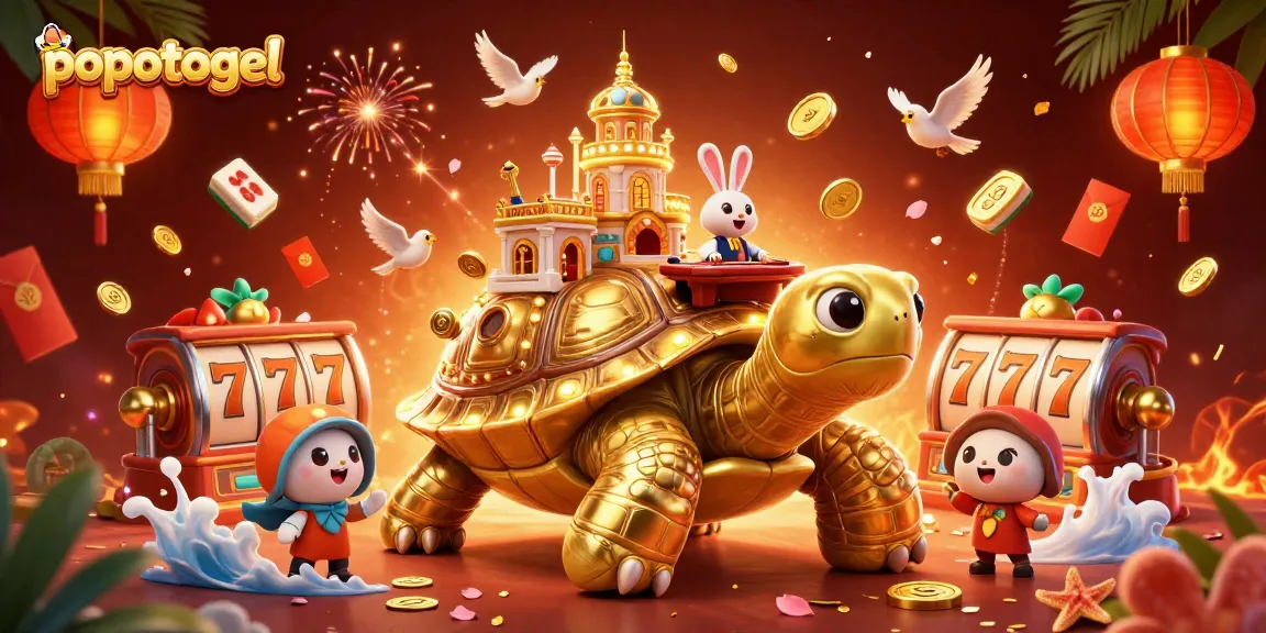 Experience the excitement of popotogel with a vibrant casino scene featuring golden elements and a rabbit dealer.