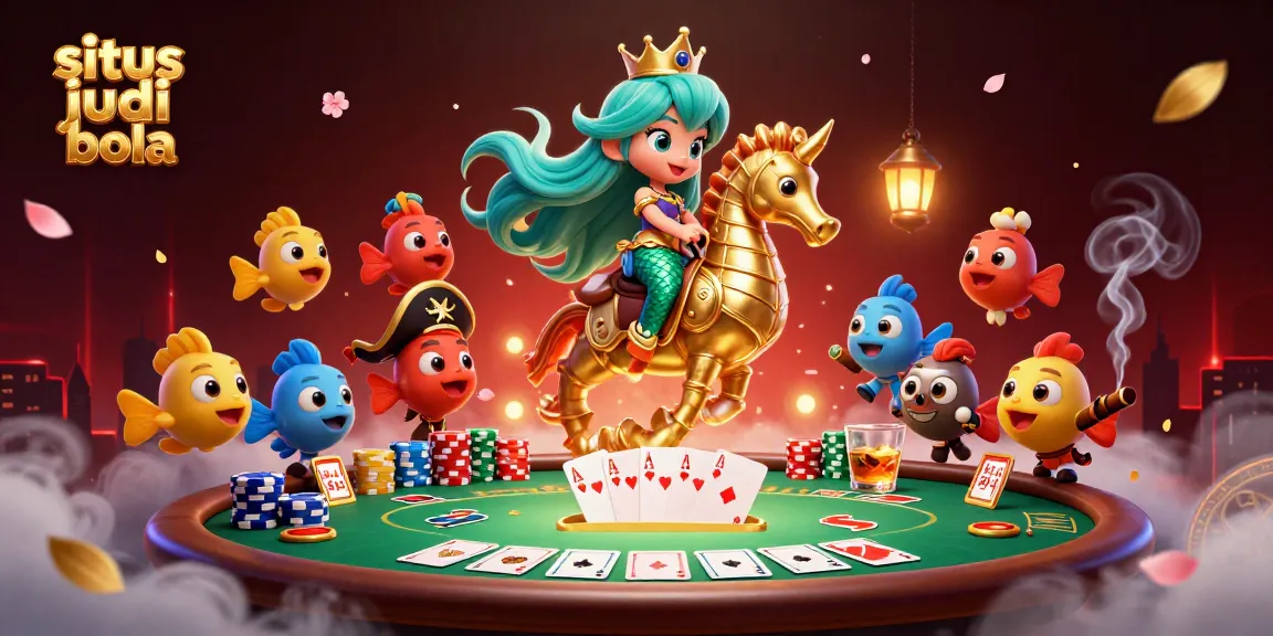 Situs judi bola mermaid princess riding a seahorse, surrounded by poker elements and dynamic colors