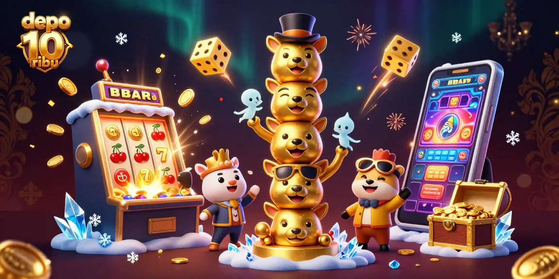 Mainkan depo 10 ribu dalam ilustrasi kasino 3D penuh warna dengan totem dan mesin slot.