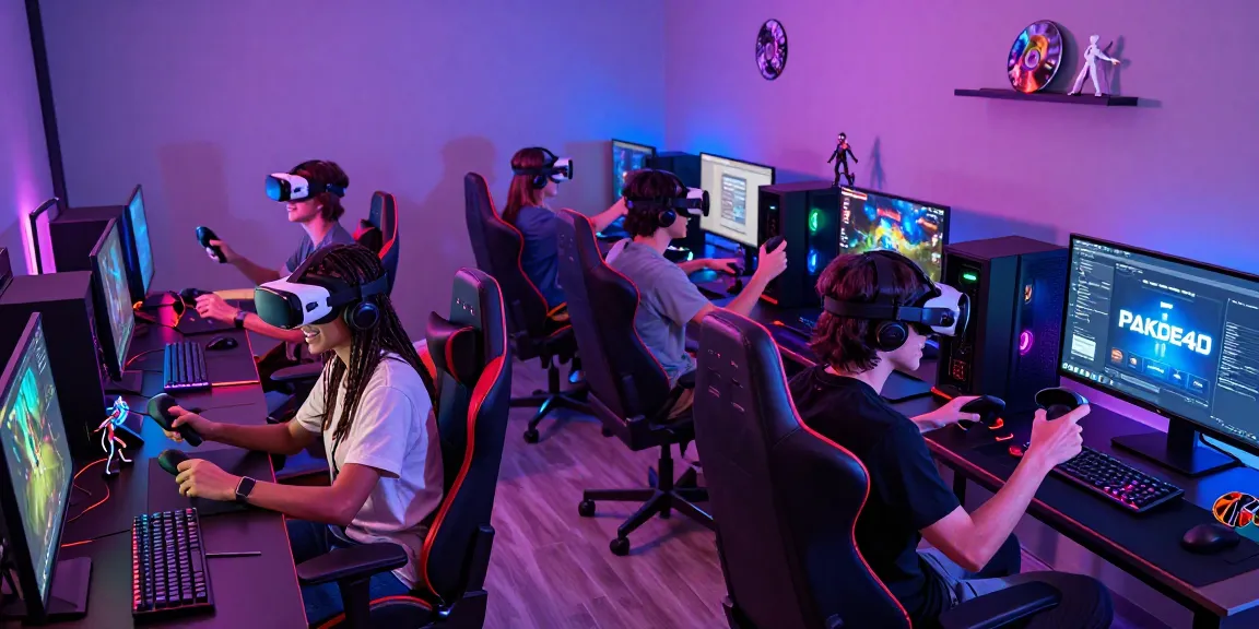 Friends engaging in immersive gaming on pakde4d platform in a futuristic setup