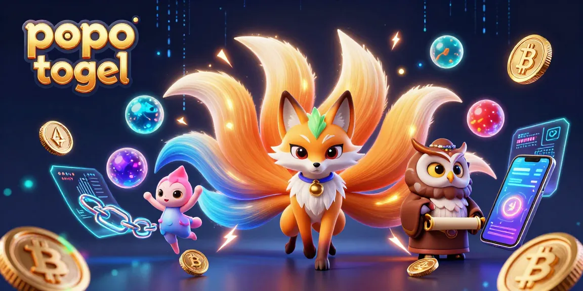 Experience popo togel with vibrant 3D visuals of a nine-tailed fox and glowing crypto elements.