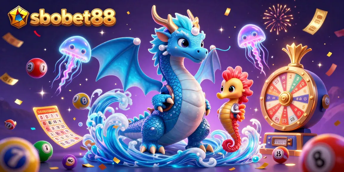 Experience sbobet88's dynamic gaming realm with an azure dragon, seahorse knight, and vibrant casino elements.