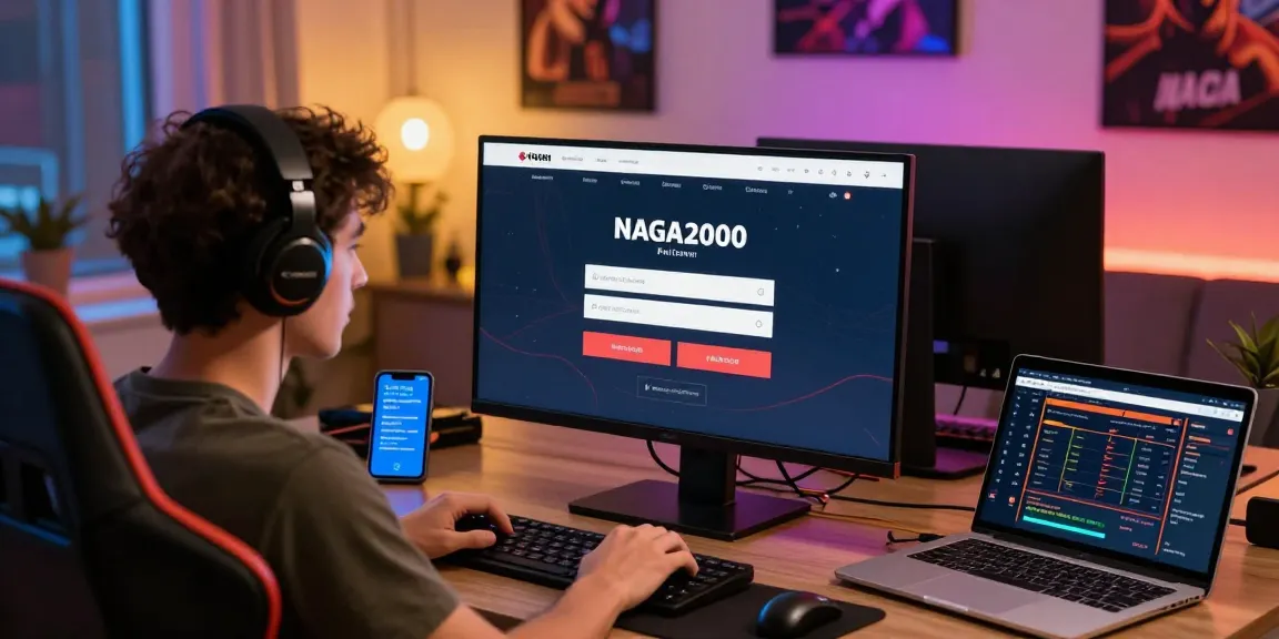 NAGA2000 gaming platform scene showing user logging into iGaming interface in a vibrant home office.