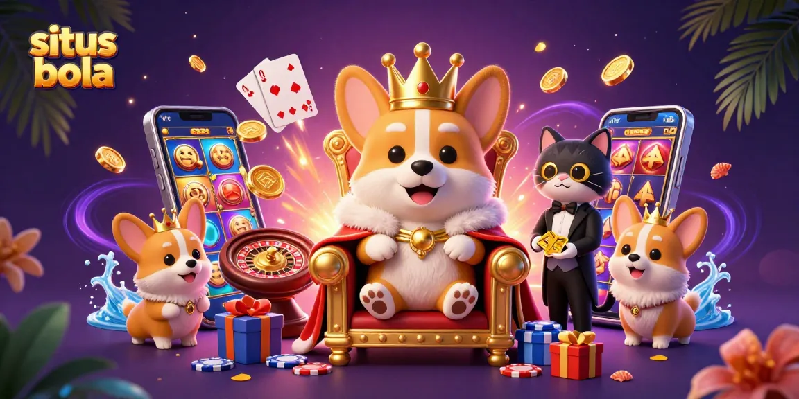 Experience the thrill of situs bola with a cheerful royal corgi and cat butler amidst dynamic casino elements.