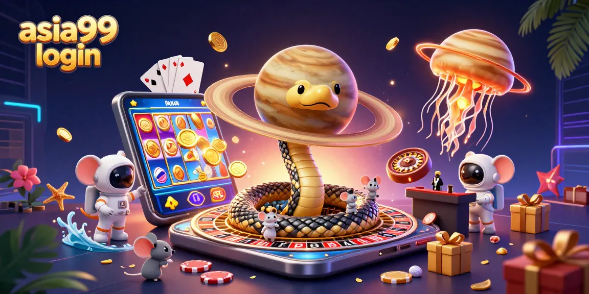 Engage in thrilling bets with ASIA99 login amidst cosmic casino fun and vibrant gaming elements.