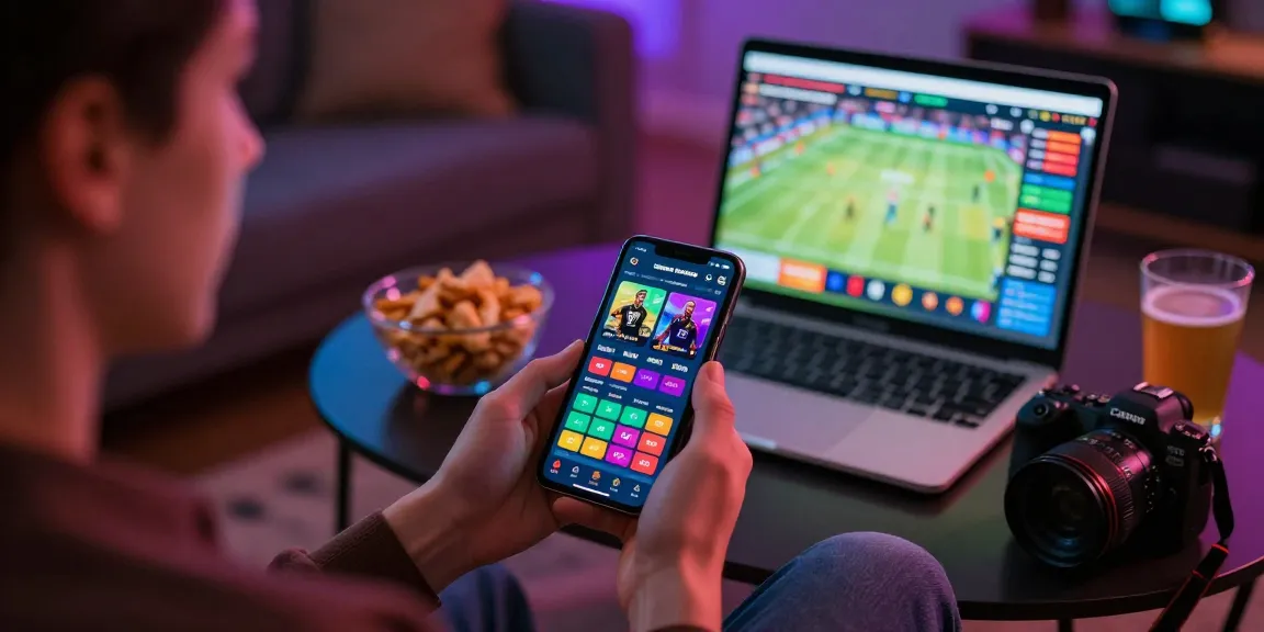 Engaged user exploring newbet4d sports betting app on mobile, cozy setting with snacks and vibrant interface.