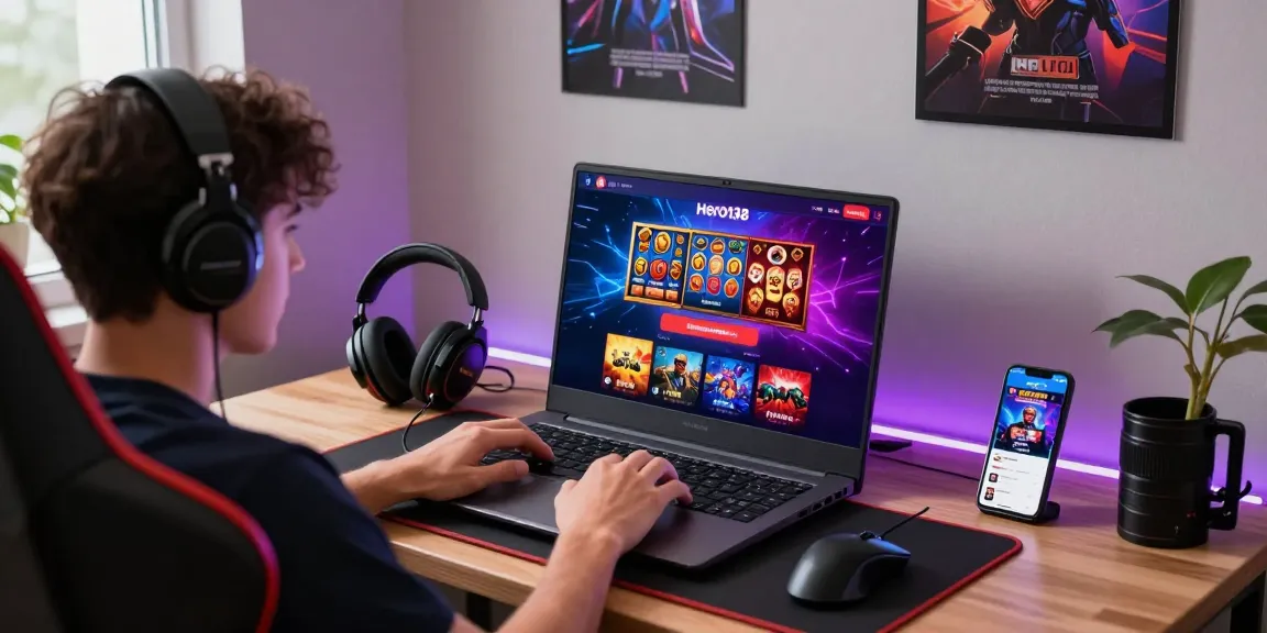 Engaging scene of online gaming with Hero138's login interface, showcasing the thrill of betting while seated at a home desk.