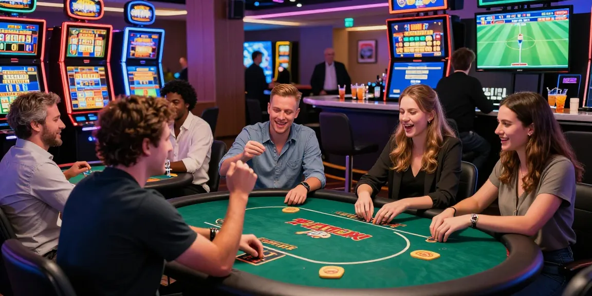 Enthusiastic players at https://raja328maen.com/ enjoying various games in a vibrant casino atmosphere.