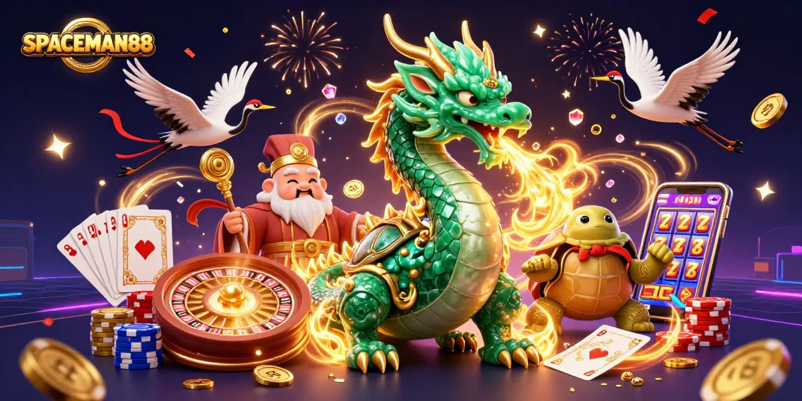 SPACEMAN88 showcases an emerald jade dragon and turtles celebrating big wins in vibrant casino energy.